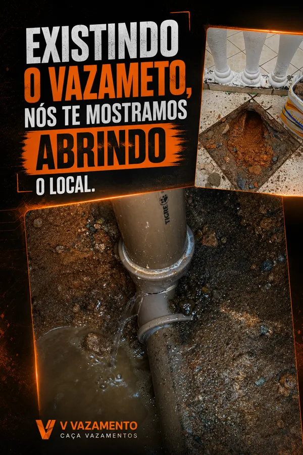 Abertura e sondagem do local mostrando o vazamento encontrado na tubulação