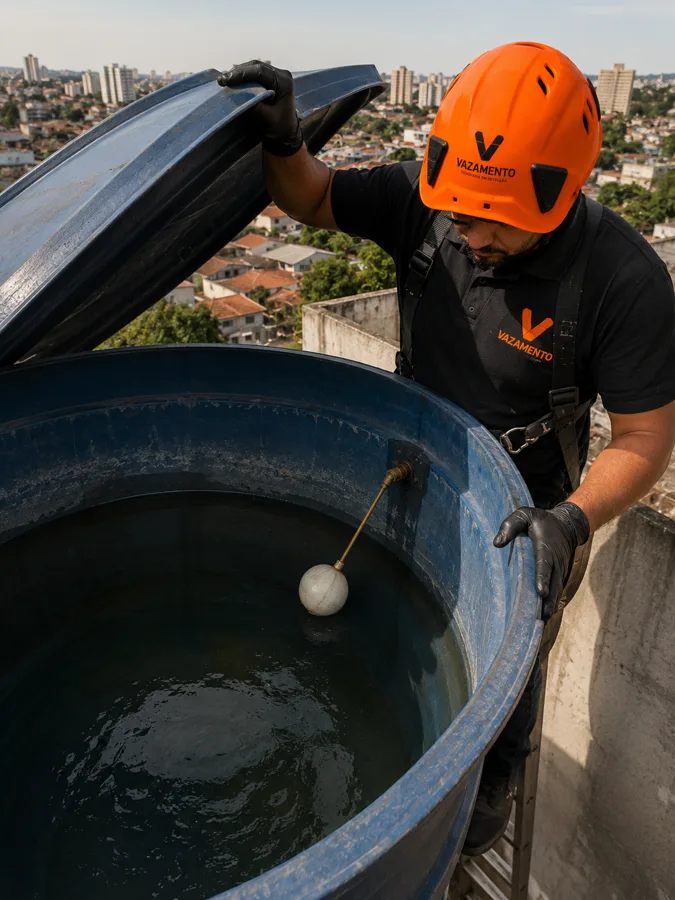 Técnico da V Vazamento inspecionando boia e caixa d'água em prédio