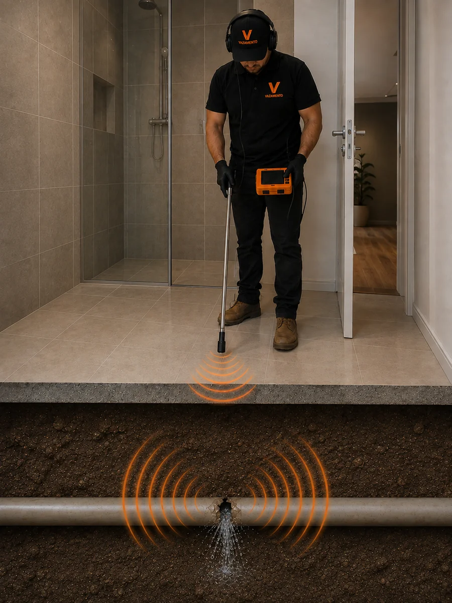 Técnico da V Vazamento utilizando geofone eletrônico para detectar vazamento sob o piso