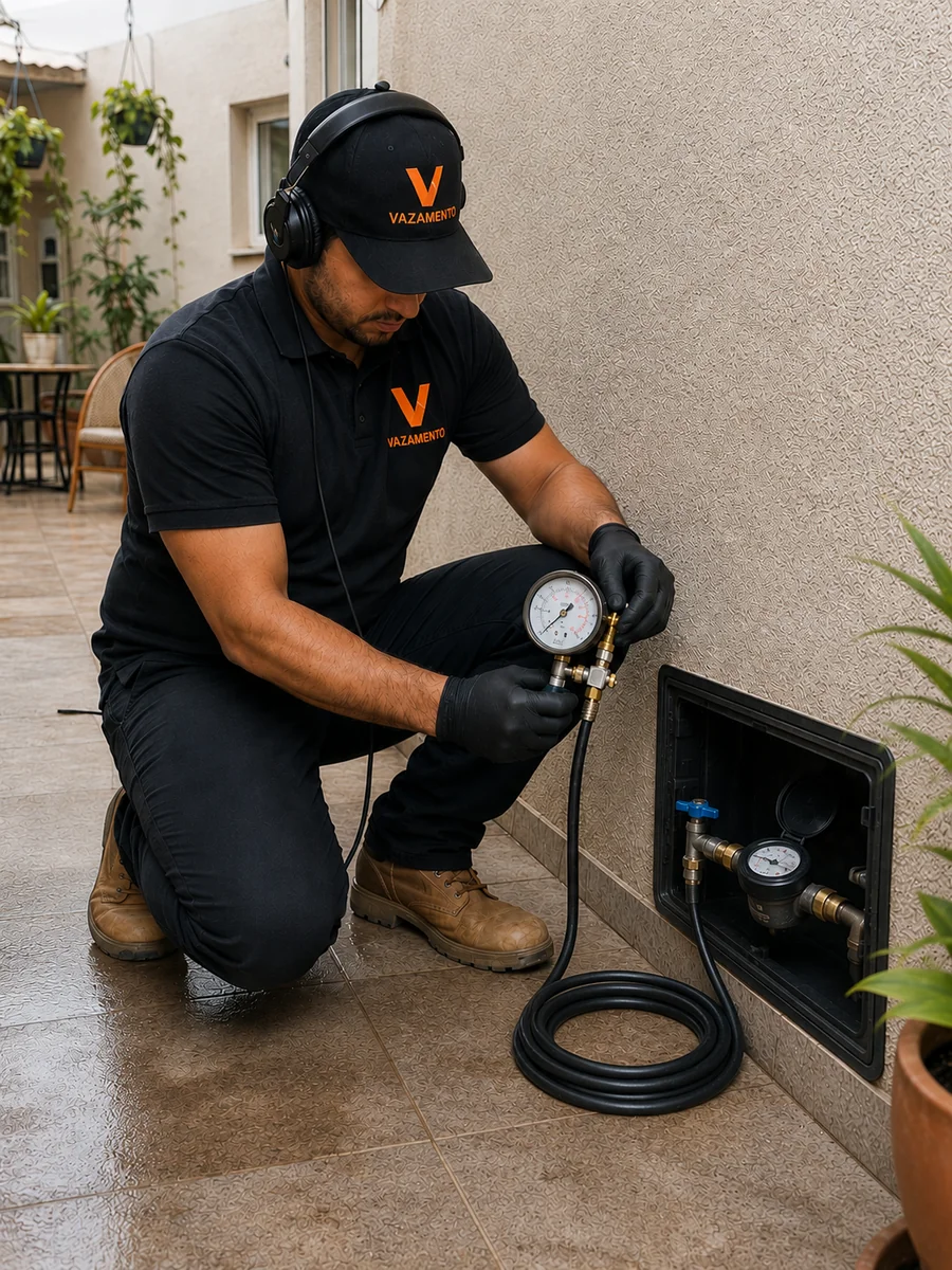 Técnico da V Vazamento realizando medição de pressão em hidrômetro com equipamento certificado